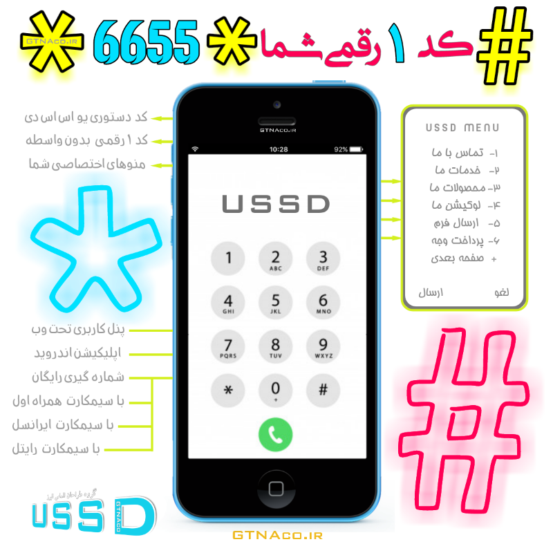 خرید کد دستوری USSD یک رقمی بدون واسطه با پشتیبانی رایگان شرکت GTNAco و اپراتورهای همراه اول،ایرانسل و رایتل